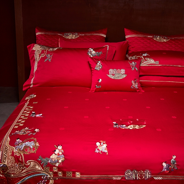 91家纺网 家纺一手货源 找家纺 2025新款长绒棉长绒棉贡缎提花款新中式古典韵味精美刺绣婚庆四件套多件套 百子纳福