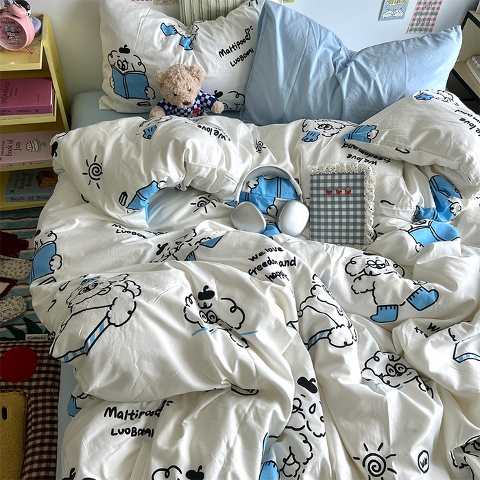 91家纺网 家纺一手货源 找家纺 原素 2024学生季专属A类水洗棉印花四件套 线条狗狗