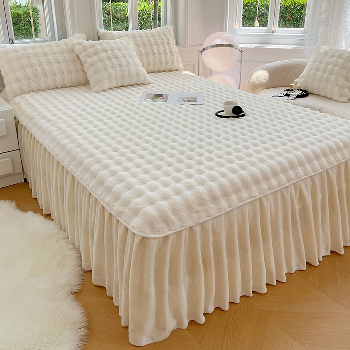 91家纺网 家纺一手货源 找家纺 梦舒羽 2025新款兔毛绒床裙水晶绒床垫保护罩牛奶绒床垫床单罩 晨曦白