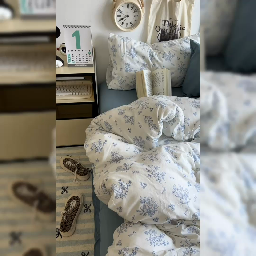 91家纺网 家纺一手货源 找家纺 原素 2024学生季专属A类水洗棉印花四件套 素描蓝叶