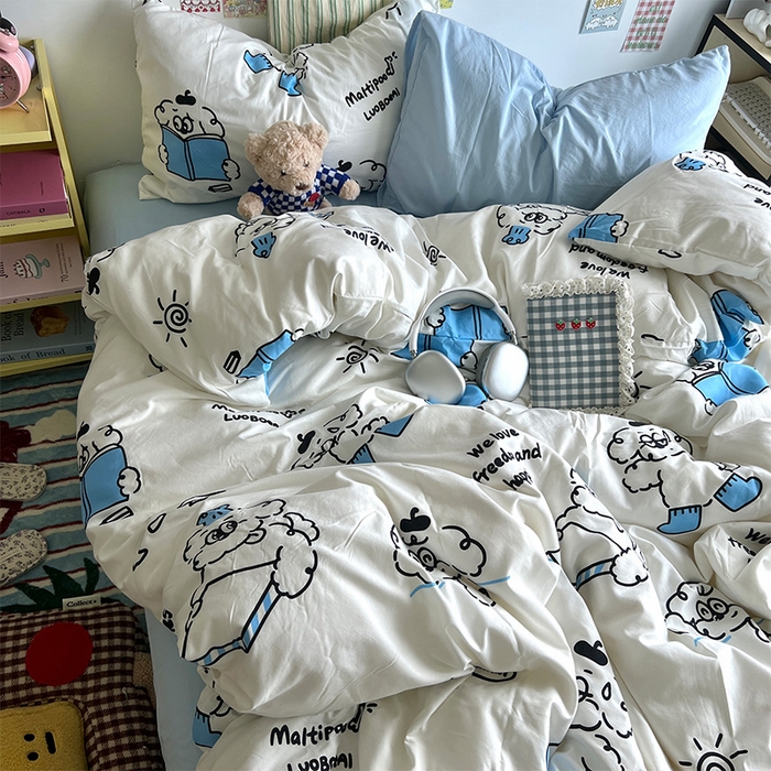 91家纺网 家纺一手货源 找家纺 原素 2024学生季专属A类水洗棉印花四件套 线条狗狗