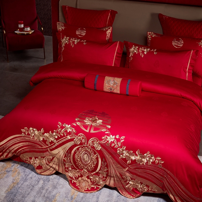 91家纺网 家纺一手货源 找家纺 2025新款长绒棉长绒棉贡缎提花款新中式古典韵味精美刺绣婚庆四件套多件套 牵手一生-金