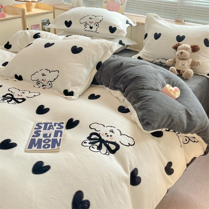 91家纺网 家纺一手货源 找家纺 2024新款A类AB版加厚保暖双面牛奶绒印花四件套--小清新系列 暖心小狗