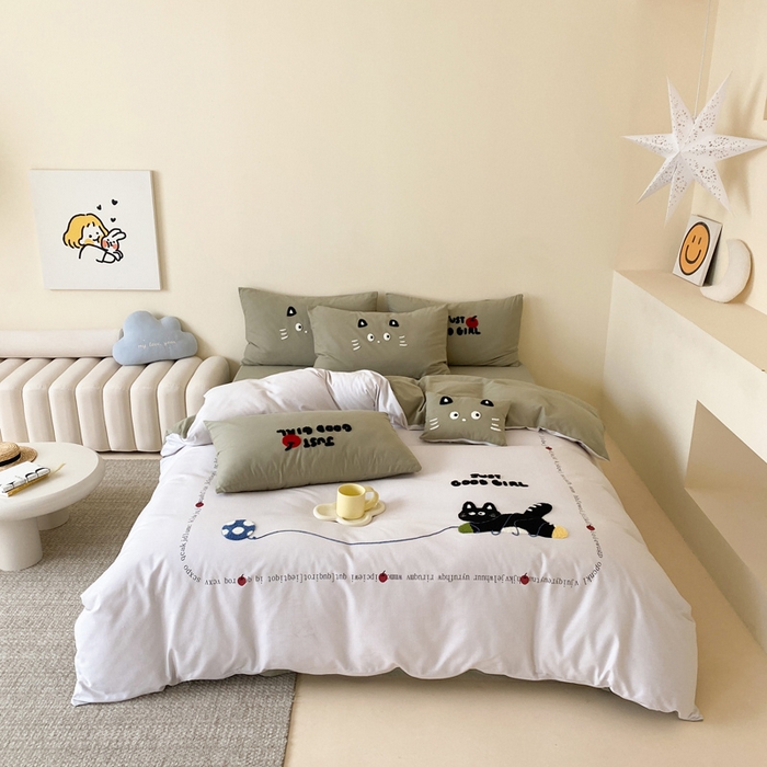 91家纺网 家纺一手货源 找家纺 宜家坊 2024全棉磨毛大版印加绣四件套【提供买家秀】 线团小猫