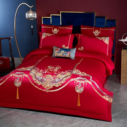 91家纺网 家纺一手货源 找家纺 （总）2025新款长绒棉长绒棉贡缎提花款新中式古典韵味精美刺绣婚庆四件套多件套