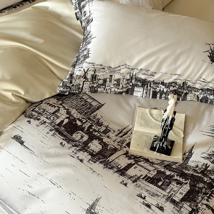 91家纺网 家纺一手货源 找家纺 （总）窝米 2024新款数码印花100支长绒棉宽边工艺四件套-塞纳河畔