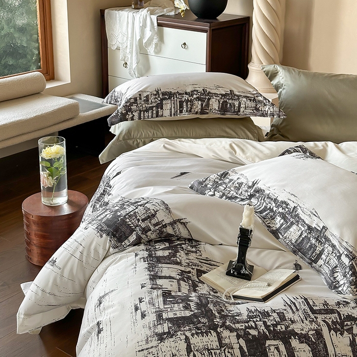 91家纺网 家纺一手货源 找家纺 （总）窝米 2024新款数码印花100支长绒棉宽边工艺四件套-塞纳河畔