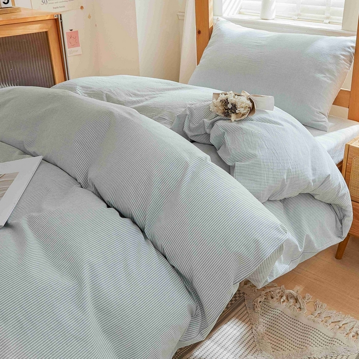 91家纺网 家纺一手货源 找家纺 韩约家纺 2024新款全棉水洗棉三四件套 米条-雾蓝