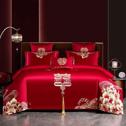 91家纺网 家纺一手货源 找家纺 甜咪咪婚庆 2024新品婚庆结婚刺绣新中式全棉四件套多件套 盛世繁华