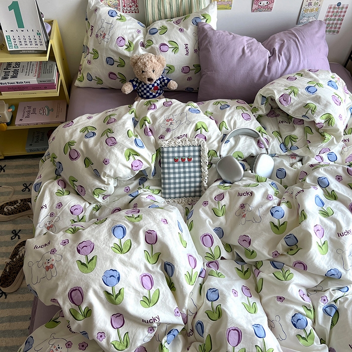 91家纺网 家纺一手货源 找家纺 原素 2024学生季专属A类水洗棉印花四件套 萌宠郁金香