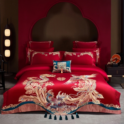 2025新款长绒棉长绒棉贡缎提花款新中式古典韵味精美刺绣婚庆四件套多件套 龙凤吉祥