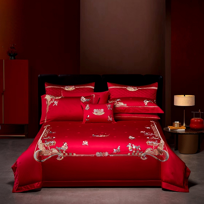 91家纺网 家纺一手货源 找家纺 2025新款长绒棉长绒棉贡缎提花款新中式古典韵味精美刺绣婚庆四件套多件套 百子纳福
