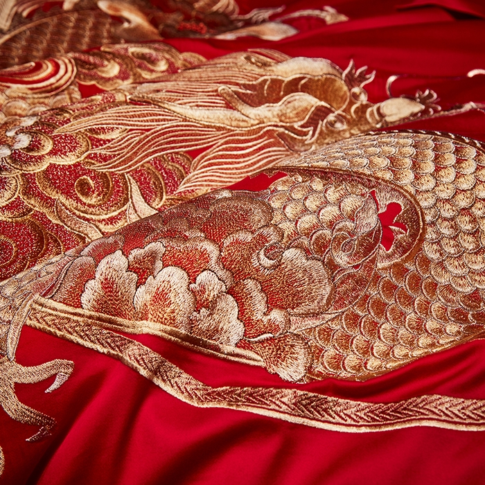 91家纺网 家纺一手货源 找家纺 2025新款长绒棉长绒棉贡缎提花款新中式古典韵味精美刺绣婚庆四件套多件套 金龙玉凤