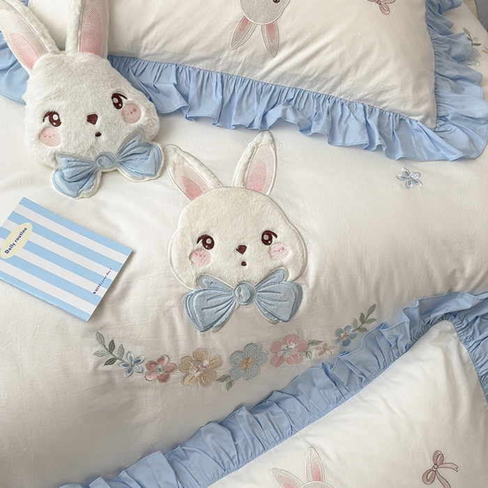 91家纺网 家纺一手货源 找家纺 蜜柚 2024新款全棉加厚水洗棉韩版小清新绣花工艺四件套-萌萌兔 萌萌兔白