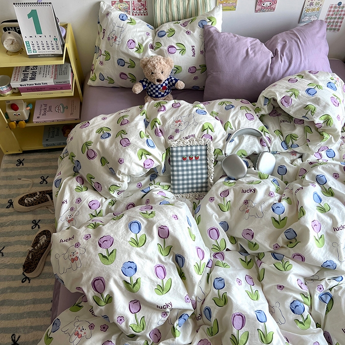 91家纺网 家纺一手货源 找家纺 原素 2024学生季专属A类水洗棉印花四件套 萌宠郁金香