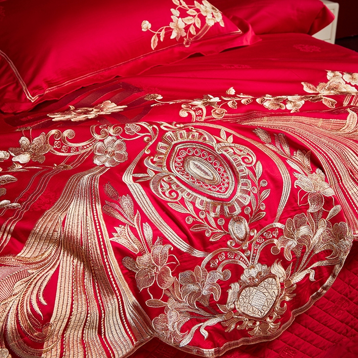 91家纺网 家纺一手货源 找家纺 2025新款长绒棉长绒棉贡缎提花款新中式古典韵味精美刺绣婚庆四件套多件套 牵手一生-金