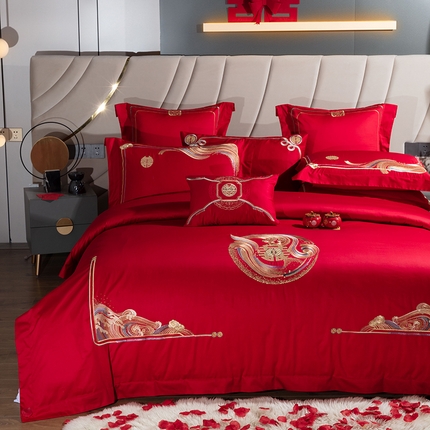 2025新款长绒棉长绒棉贡缎提花款新中式古典韵味精美刺绣婚庆四件套多件套 花好月圆-