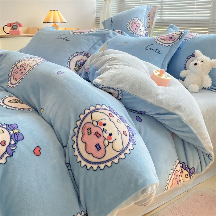 91家纺网 家纺一手货源 找家纺 2024新款A类AB版加厚保暖双面牛奶绒印花四件套--小清新系列 蓝底兔