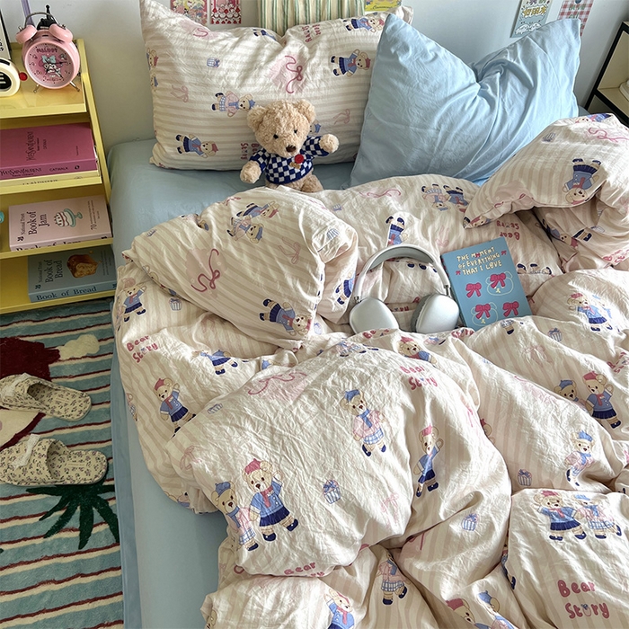 91家纺网 家纺一手货源 找家纺 原素 2024学生季专属A类水洗棉印花四件套 熊熊好朋友