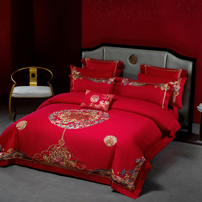 91家纺网 家纺一手货源 找家纺 2025新款长绒棉长绒棉贡缎提花款新中式古典韵味精美刺绣婚庆四件套多件套 良辰美景