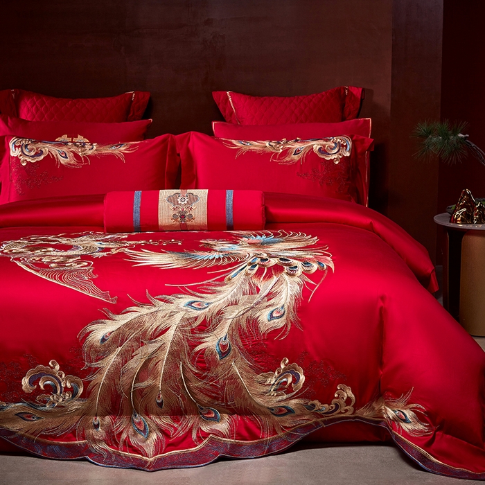 91家纺网 家纺一手货源 找家纺 2025新款长绒棉长绒棉贡缎提花款新中式古典韵味精美刺绣婚庆四件套多件套 龙腾凤跃