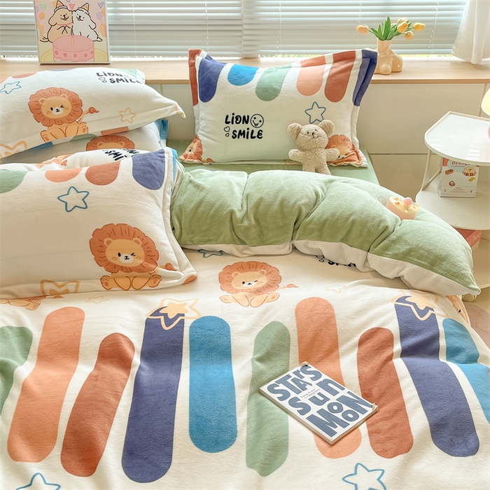 91家纺网 家纺一手货源 找家纺 2024新款A类AB版加厚保暖双面牛奶绒印花四件套--小清新系列 雪糕狮子