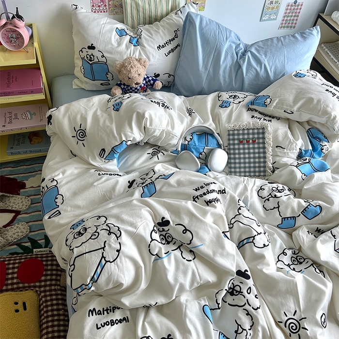 91家纺网 家纺一手货源 找家纺 原素 2024学生季专属A类水洗棉印花四件套 线条狗狗