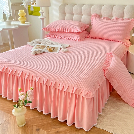 91家纺网 家纺一手货源 找家纺 （总）花香四季 2025新款13376全棉夹棉床裙三件套13372纯棉纯色双层花边（可定制任意尺寸）