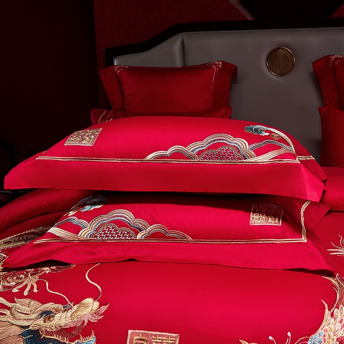 91家纺网 家纺一手货源 找家纺 2025新款长绒棉长绒棉贡缎提花款新中式古典韵味精美刺绣婚庆四件套多件套 龙凤喜缘