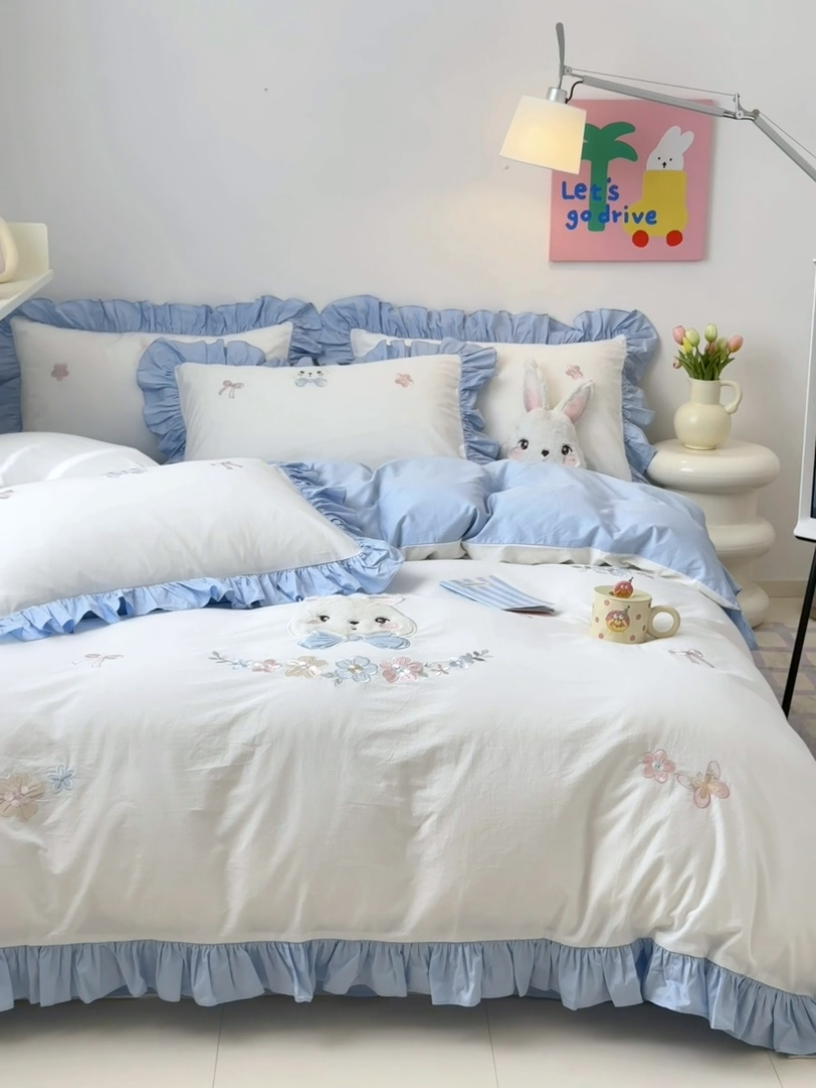 91家纺网 家纺一手货源 找家纺 （总）蜜柚 2024新款A类全棉加厚水洗棉韩版小清新绣花工艺四件套-萌萌兔.