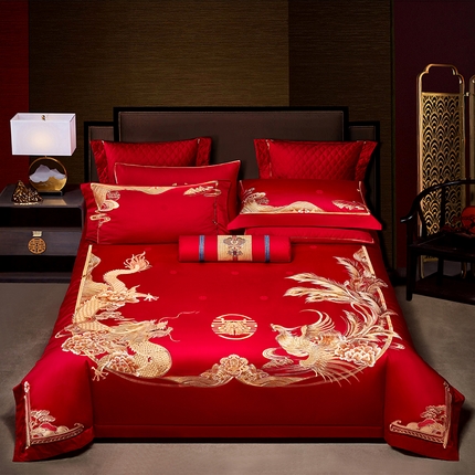 2025新款长绒棉长绒棉贡缎提花款新中式古典韵味精美刺绣婚庆四件套多件套 金龙玉凤