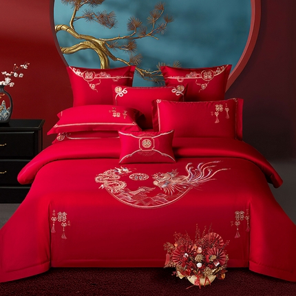 2025新款长绒棉长绒棉贡缎提花款新中式古典韵味精美刺绣婚庆四件套多件套 龙腾凤舞