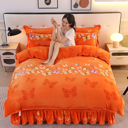 91家纺网 家纺一手货源 找家纺 代芙家纺 7斤重牛奶绒金貂四件套抗静电法莱绒珊瑚绒床裙 彩蝶