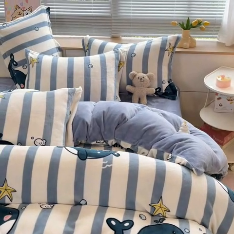 91家纺网 家纺一手货源 找家纺 2024新款A类AB版加厚保暖双面牛奶绒印花四件套--小清新系列 海豚