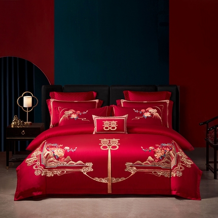 2025新款40s全棉长绒棉新中式刺绣婚庆四件套多件套 皇家喜事