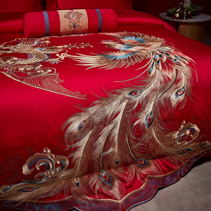 91家纺网 家纺一手货源 找家纺 2025新款长绒棉长绒棉贡缎提花款新中式古典韵味精美刺绣婚庆四件套多件套 龙腾凤跃