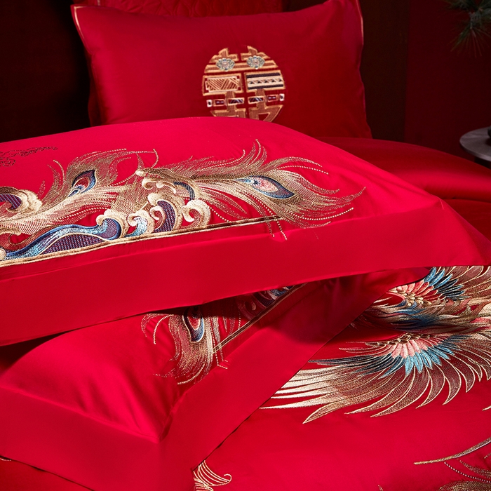 91家纺网 家纺一手货源 找家纺 2025新款长绒棉长绒棉贡缎提花款新中式古典韵味精美刺绣婚庆四件套多件套 龙腾凤跃