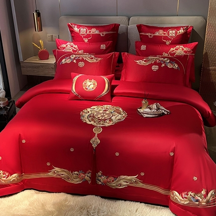 91家纺网 家纺一手货源 找家纺 （总）2025新款长绒棉长绒棉贡缎提花款新中式古典韵味精美刺绣婚庆四件套多件套