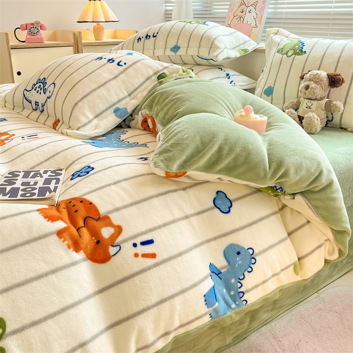 91家纺网 家纺一手货源 找家纺 2024新款A类AB版加厚保暖双面牛奶绒印花四件套--小清新系列 小龟