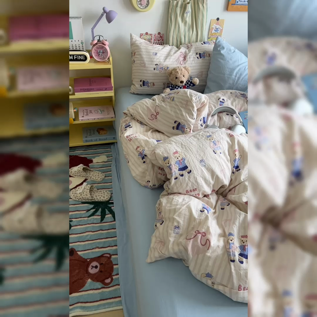 91家纺网 家纺一手货源 找家纺 原素 2024学生季专属A类水洗棉印花四件套 熊熊好朋友