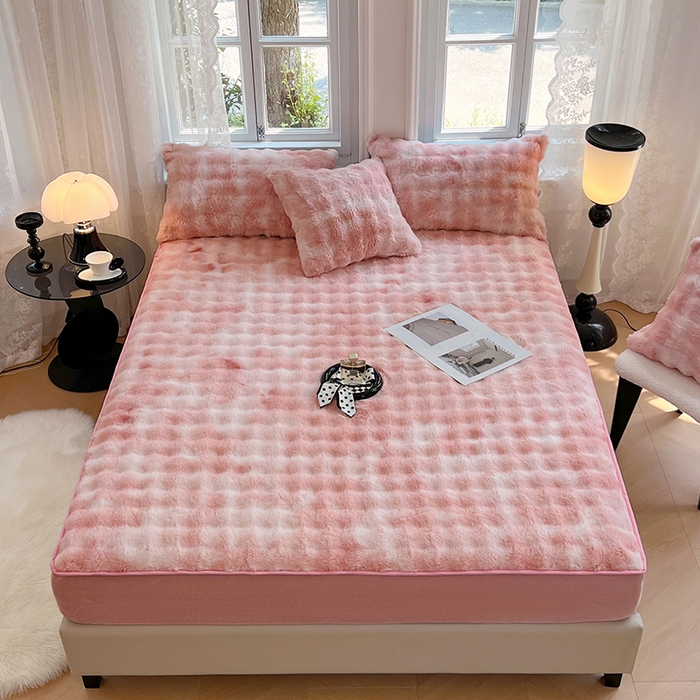 91家纺网 家纺一手货源 找家纺 梦舒羽 2025新款兔毛绒床笠水晶绒床垫保护套牛奶绒床垫套 梦幻樱粉