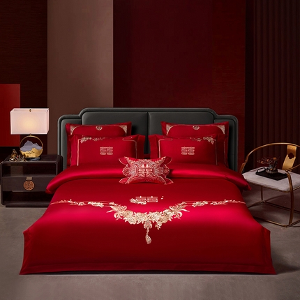 91家纺网 家纺一手货源 找家纺 2025新款40s全棉长绒棉新中式刺绣婚庆四件套多件套 花田喜事