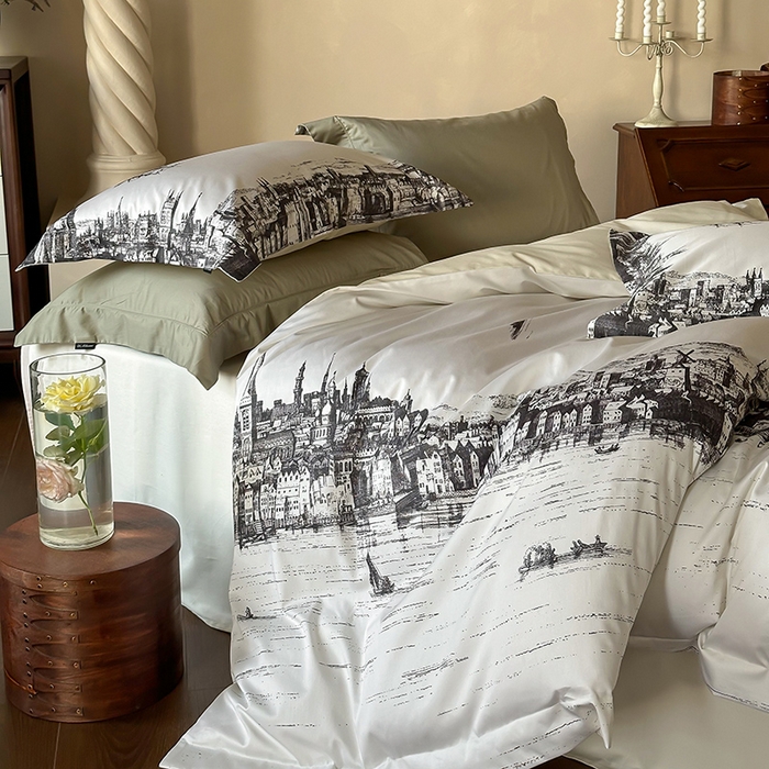 91家纺网 家纺一手货源 找家纺 （总）窝米 2024新款数码印花100支长绒棉宽边工艺四件套-塞纳河畔