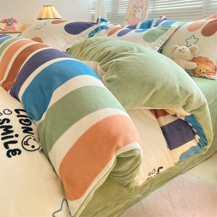 91家纺网 家纺一手货源 找家纺 2024新款A类AB版加厚保暖双面牛奶绒印花四件套--小清新系列 雪糕狮子