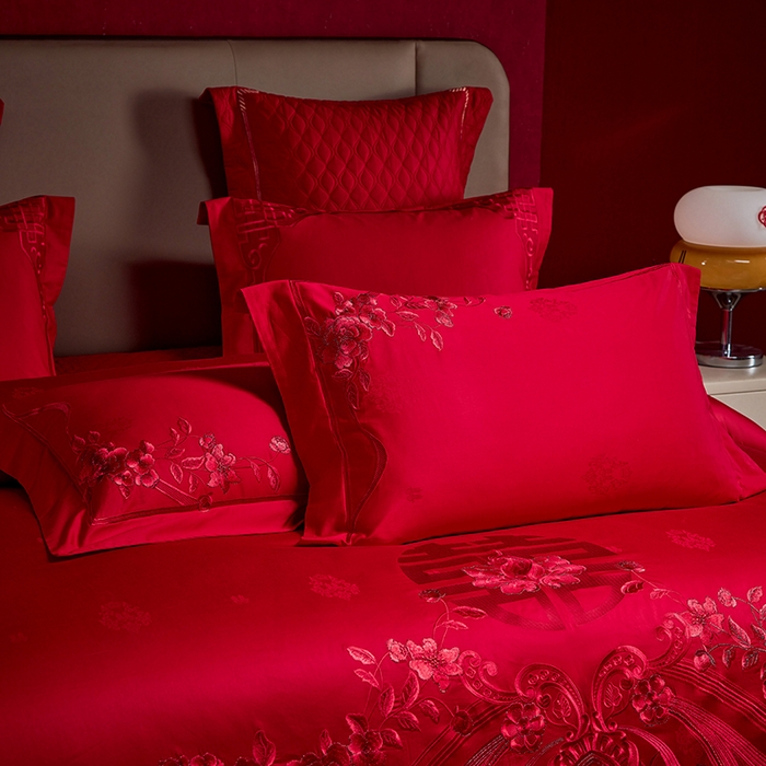 91家纺网 家纺一手货源 找家纺 2025新款长绒棉长绒棉贡缎提花款新中式古典韵味精美刺绣婚庆四件套多件套 牵手一生-红