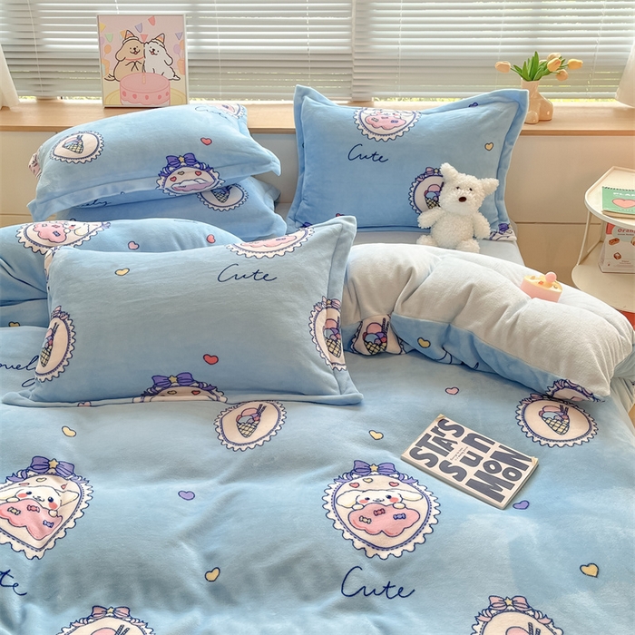 91家纺网 家纺一手货源 找家纺 2024新款A类AB版加厚保暖双面牛奶绒印花四件套--小清新系列 蓝底兔