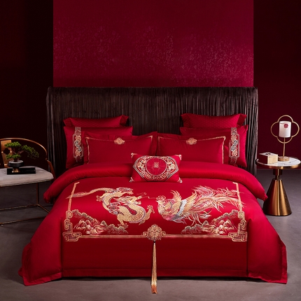 91家纺网 家纺一手货源 找家纺 2025新款40s全棉长绒棉新中式刺绣婚庆四件套多件套 彩龙彩凤