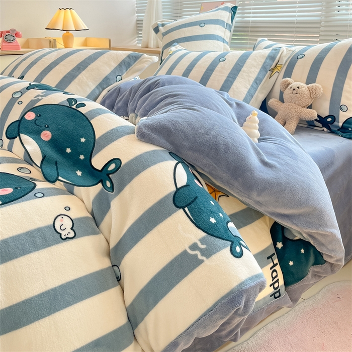 91家纺网 家纺一手货源 找家纺 2024新款A类AB版加厚保暖双面牛奶绒印花四件套--小清新系列 海豚