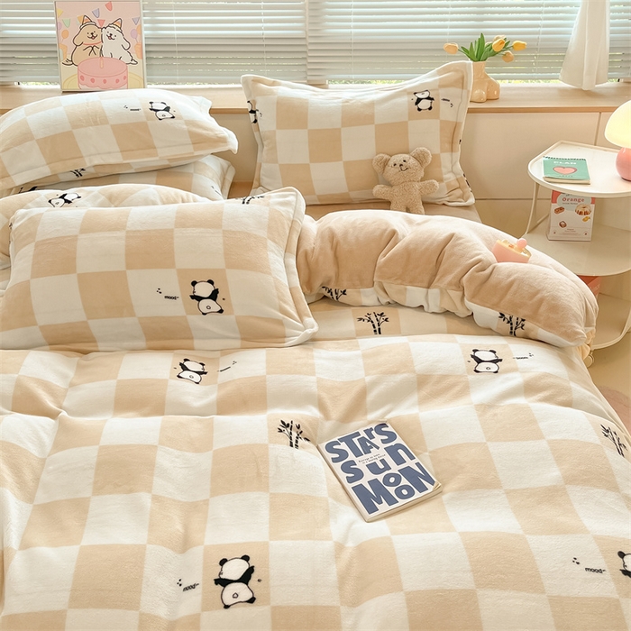 91家纺网 家纺一手货源 找家纺 2024新款A类AB版加厚保暖双面牛奶绒印花四件套--小清新系列 竹叶熊猫