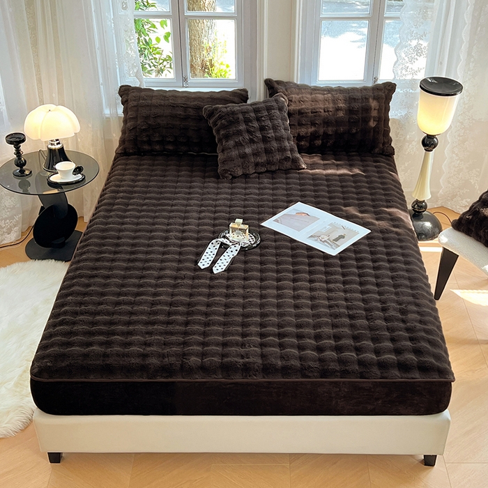 91家纺网 家纺一手货源 找家纺 梦舒羽 2025新款兔毛绒床笠水晶绒床垫保护套牛奶绒床垫套 咖啡色